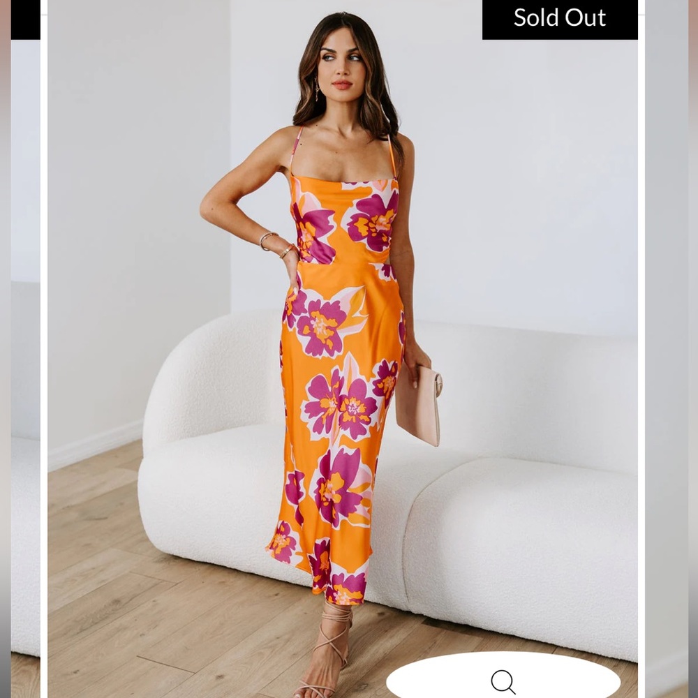 VICI ISLAND DATES SATIN FLORAL COWL NECK MIDI DRESS